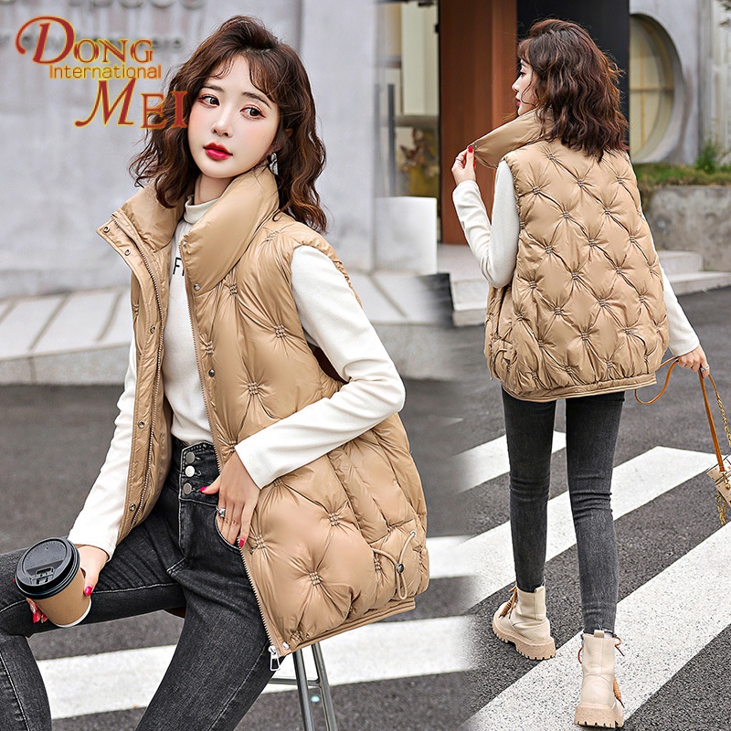 2023 mùa thu đông phong cách mới phiên bản hàn quốc kim cương xuống áo vest cotton phụ nữ lỏng lẻo đứng-up cổ áo sáng bóng áo khoác ghi lê không tay