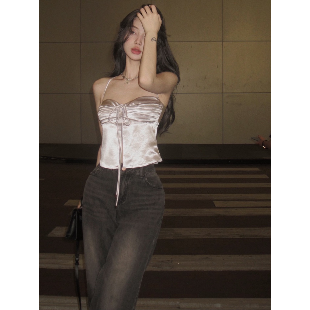 「Nonfatgirl」Áo Hai Dây satin Ngắn Sát Nách Màu Bạc Sáng Sang Trọng Nóng Bỏng Cho Nữ