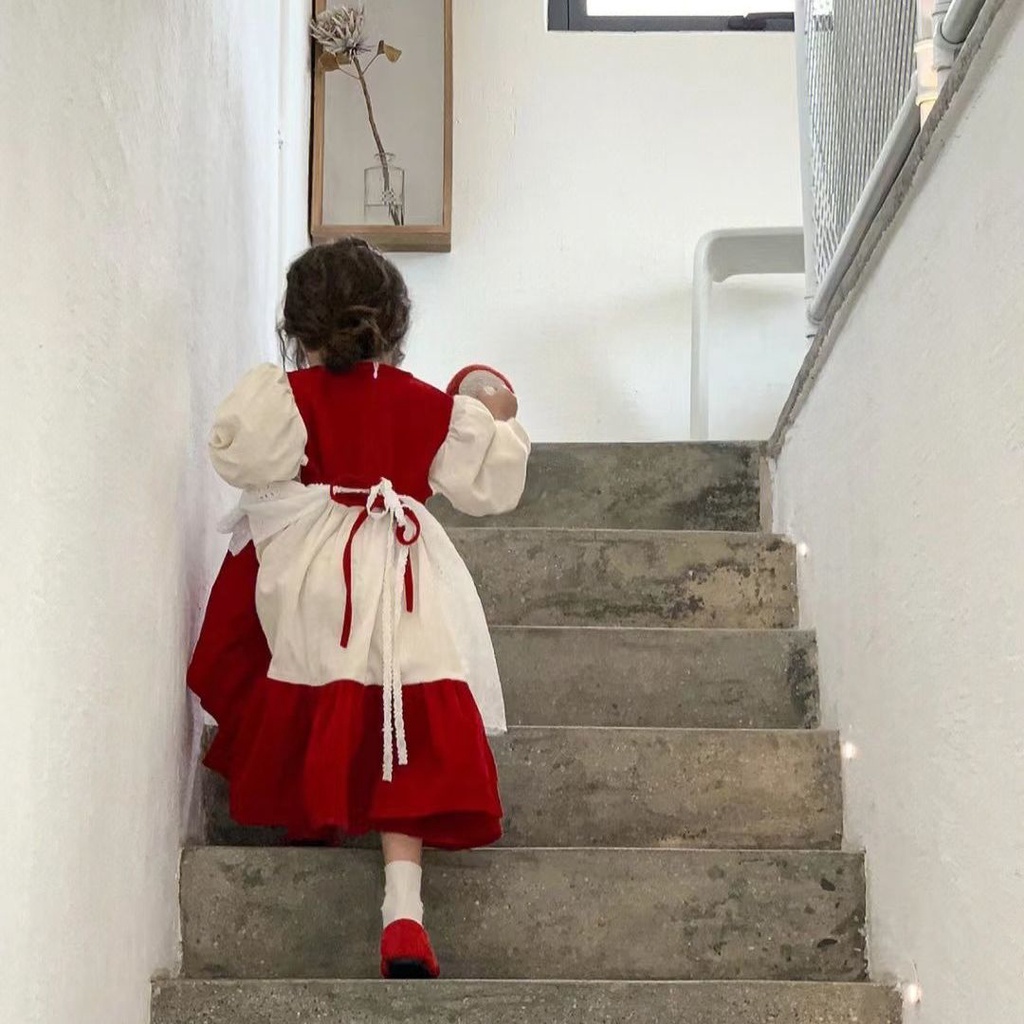 Đầm Công Chúa lolita Màu Đỏ Phong Cách Hàn Quốc Thời Trang Mùa Thu Cho Bé Gái