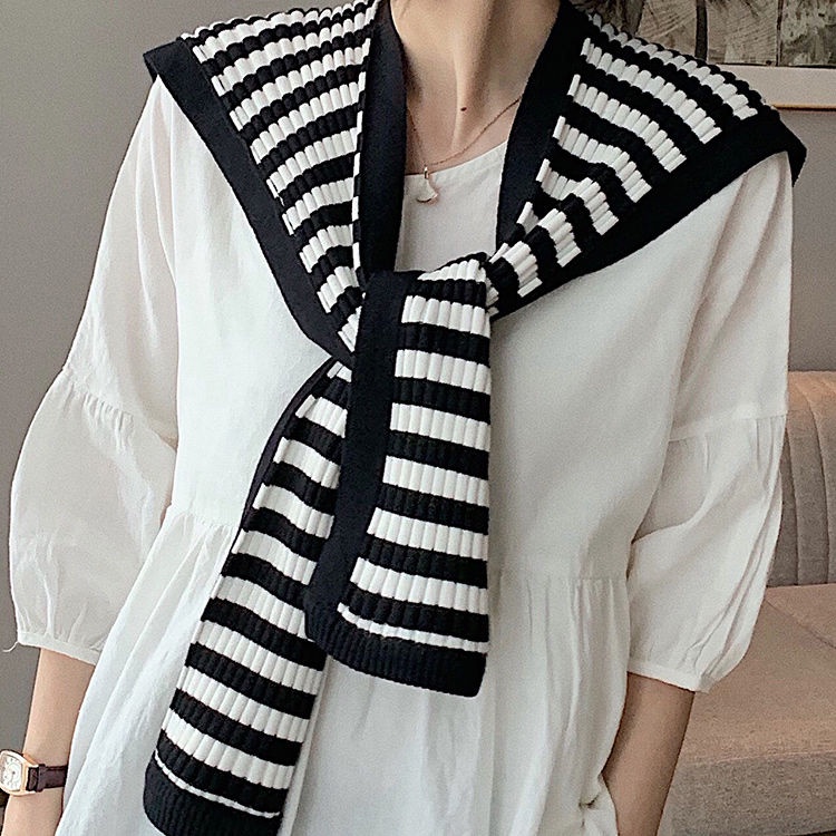 Khăn Choàng cotton Dệt Kim Kẻ Sọc Trắng Đen Nhỏ Dễ Phối Đồ Thời Trang Mùa Xuân Cho Nữ