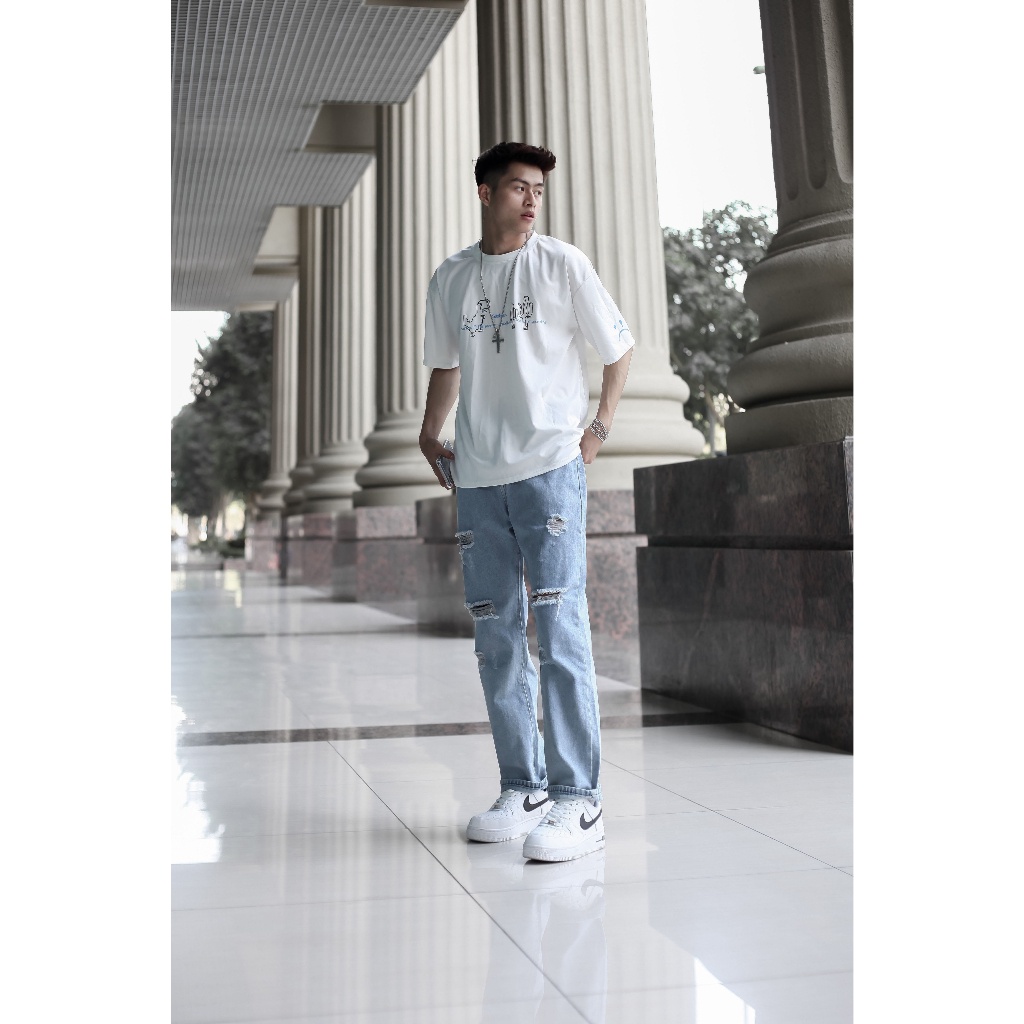 Quần jean rách nam nữ unisex dáng baggy phom rộng  màu xanh nhạt chuyensiluxury hà nội hcm