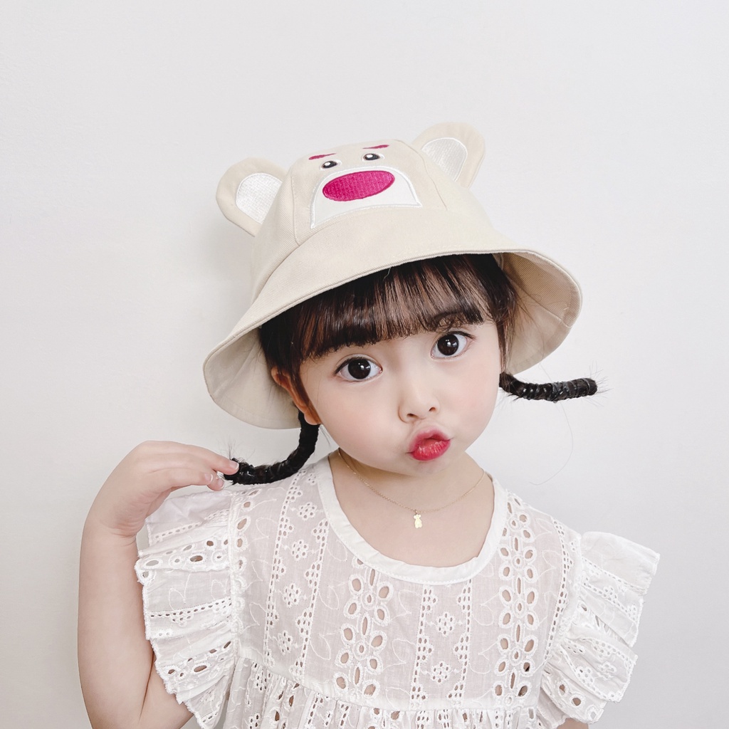 Gấu dâu Lotso Nón Vành Thoáng Khí Chống Nắng Họa Tiết Gấu Và Dâu Tây Hoạt Hình Dễ Thương Cho Bé
