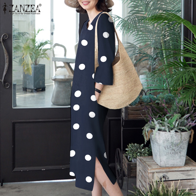 Zanzea Đầm Tay Lửng Cổ Chữ V Họa Tiết Chấm Bi Phong Cách Hàn Quốc Dành Cho Nữ