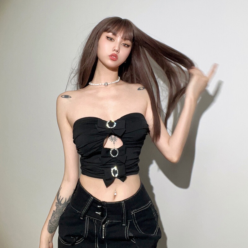 Klalien 2023 Áo Ôm Ngực Co Giãn Màu Đen Đơn Giản Phong Cách Đường Phố Gợi Cảm Nóng Bỏng Cho Nữ
