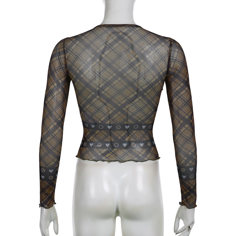 DUNEA Áo Thun Tay Dài Phối Lưới Xuyên Thấu In Họa Tiết Ca Rô Y2K Dành Cho Nữ