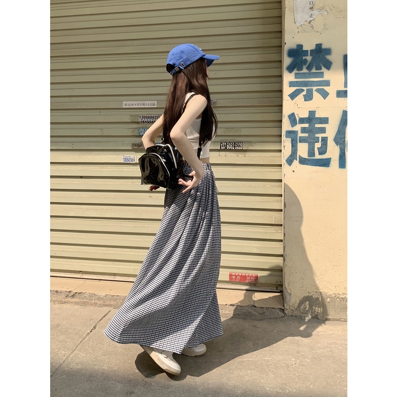 Chân Váy Dài Dáng Chữ A Lưng Cao Họa Tiết Sọc Caro Phong Cách Vintage Hàn Quốc