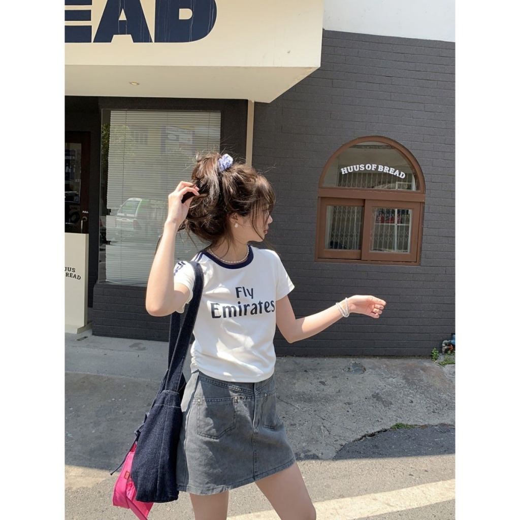 Áo Thun Ngắn Tay Phối Dây Rút In Chữ Thời Trang Mùa Hè 2023 Mới Cho Nữ