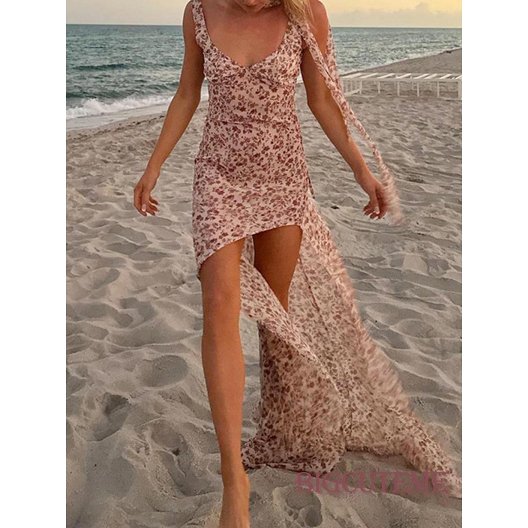 Đầm Dài Không Tay Hở Lưng Họa Tiết Hoa Thời Trang Mùa Hè Cho Nữ