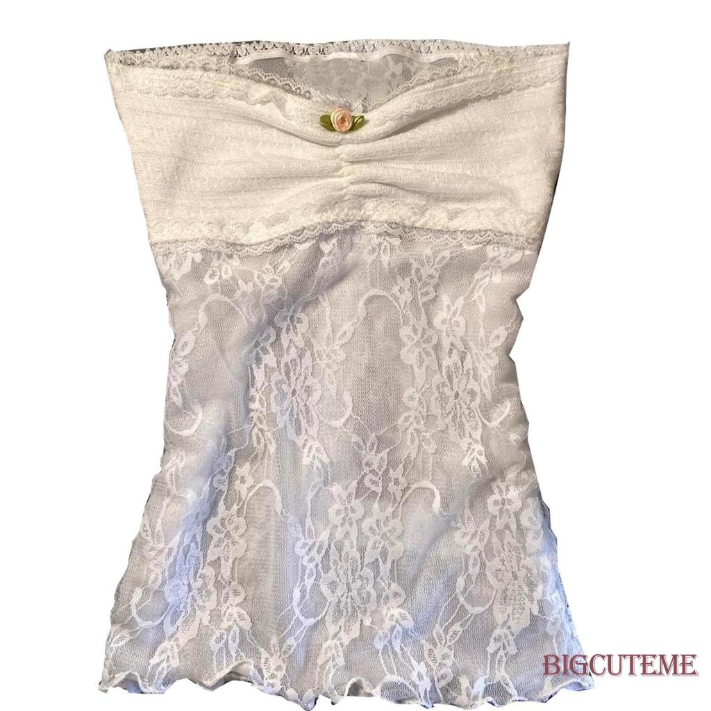 [] - Áo Crop Top Không Dây Xuyên Thấu Phối Ren Hoa Cổ Tích Y2K Grunge Ngọt Ngào Dễ Thương