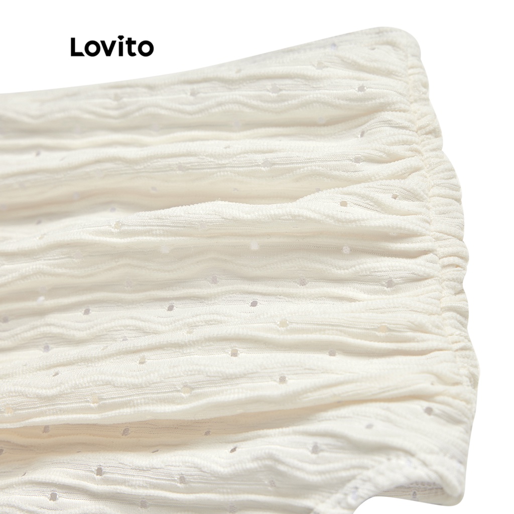 Bộ bikini Lovito tay phồng trễ vai đệm ngực có thể tháo rời viền nhún màu trơn dễ thương cho nữ L48AD004 (màu trắng ngà)