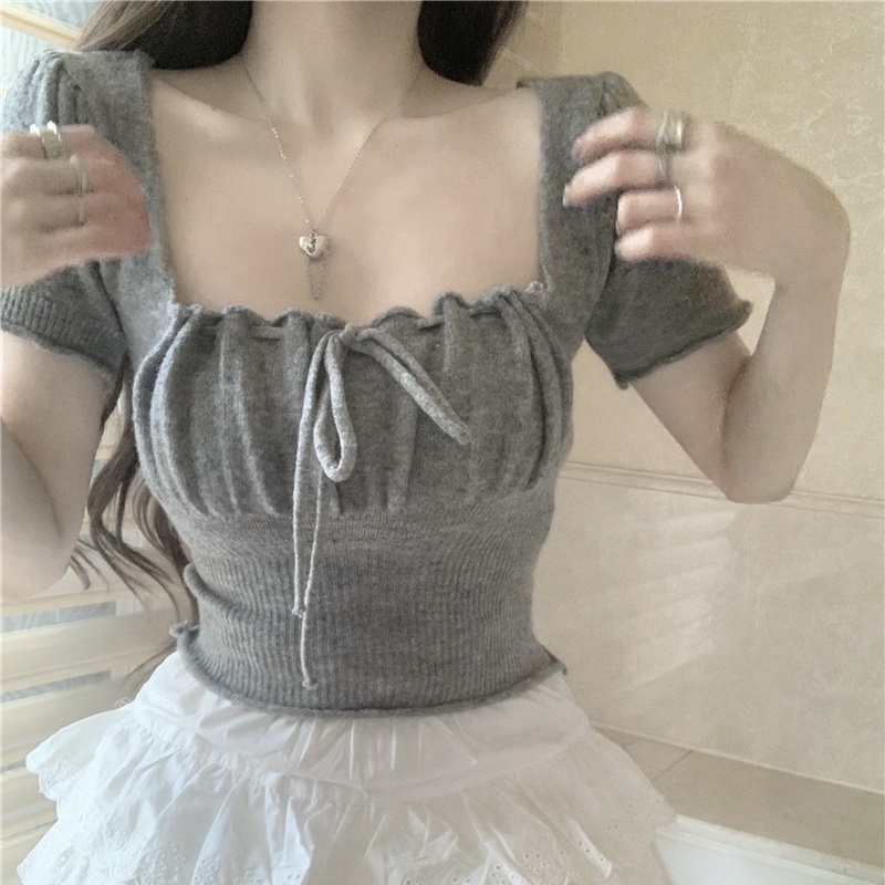 COZOK Áo Thun Dệt Kim Ngắn Tay Cổ Vuông Cột Dây Thời Trang Trẻ Trung