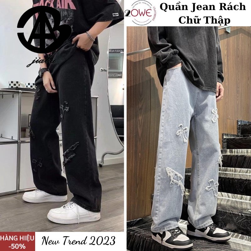 Quần jean nam chữ thập ống suông rộng 20WE,Quần bò chữ thập thêu thánh giá xanh đen chất vải cao cấp cá tính 2023