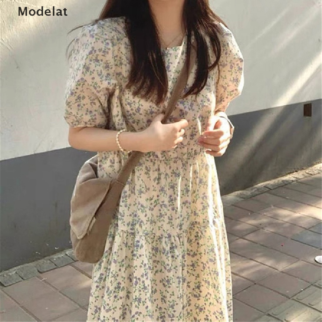 Đầm Midi Dáng Chữ A Tay Ngắn Cổ Tròn In Hoa Kiểu Hàn Quốc Thời Trang Mùa Hè Cho Bạn Gái