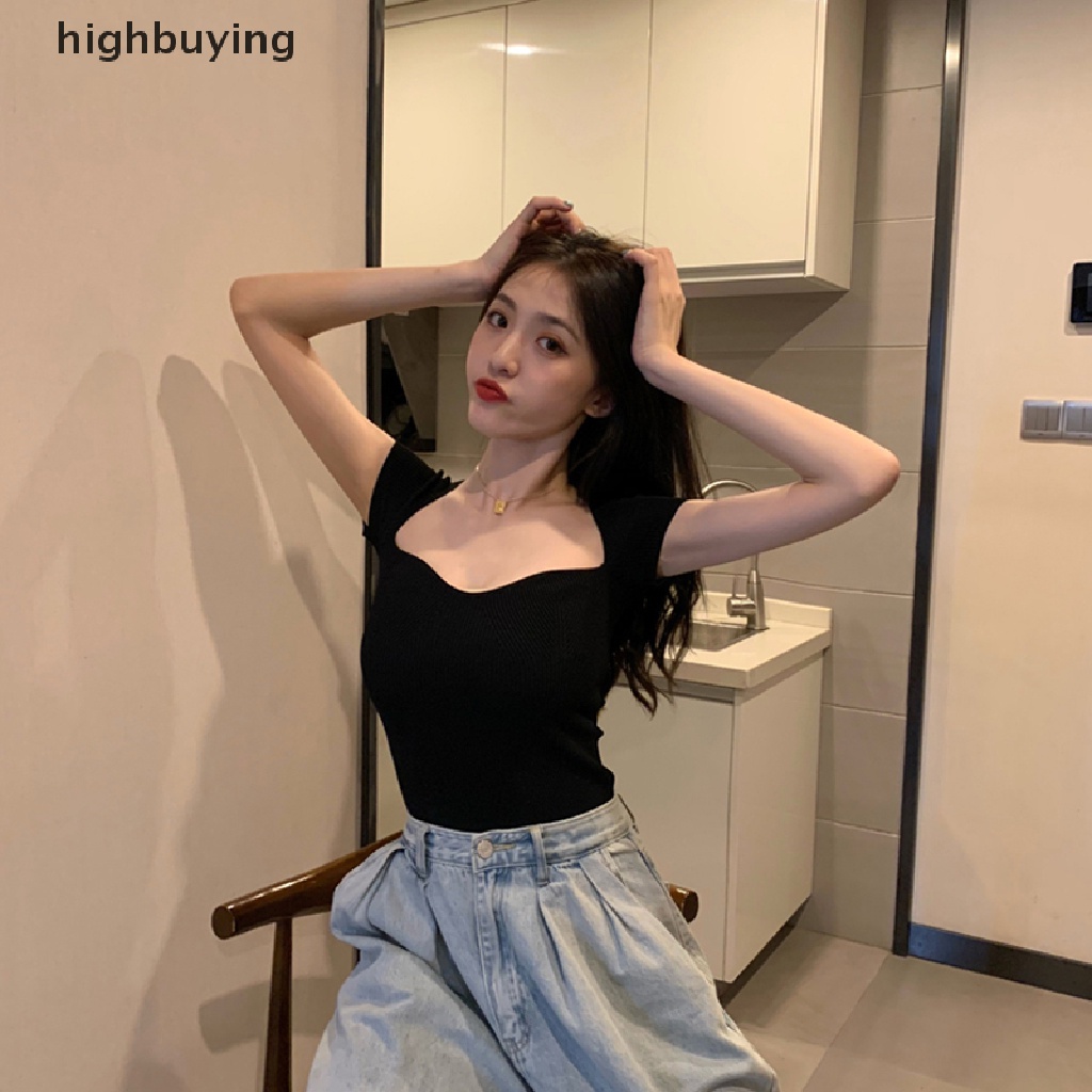 Áo Thun Dệt Kim Tay Ngắn Cổ Vuông Màu Sắc Đơn Giản Cho Nữ