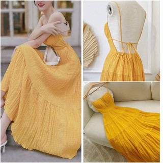 Đầm maxi hở lưng 2 dây xếp tầng dáng dài quyến rũ (sẵn mút) - TuanQuan