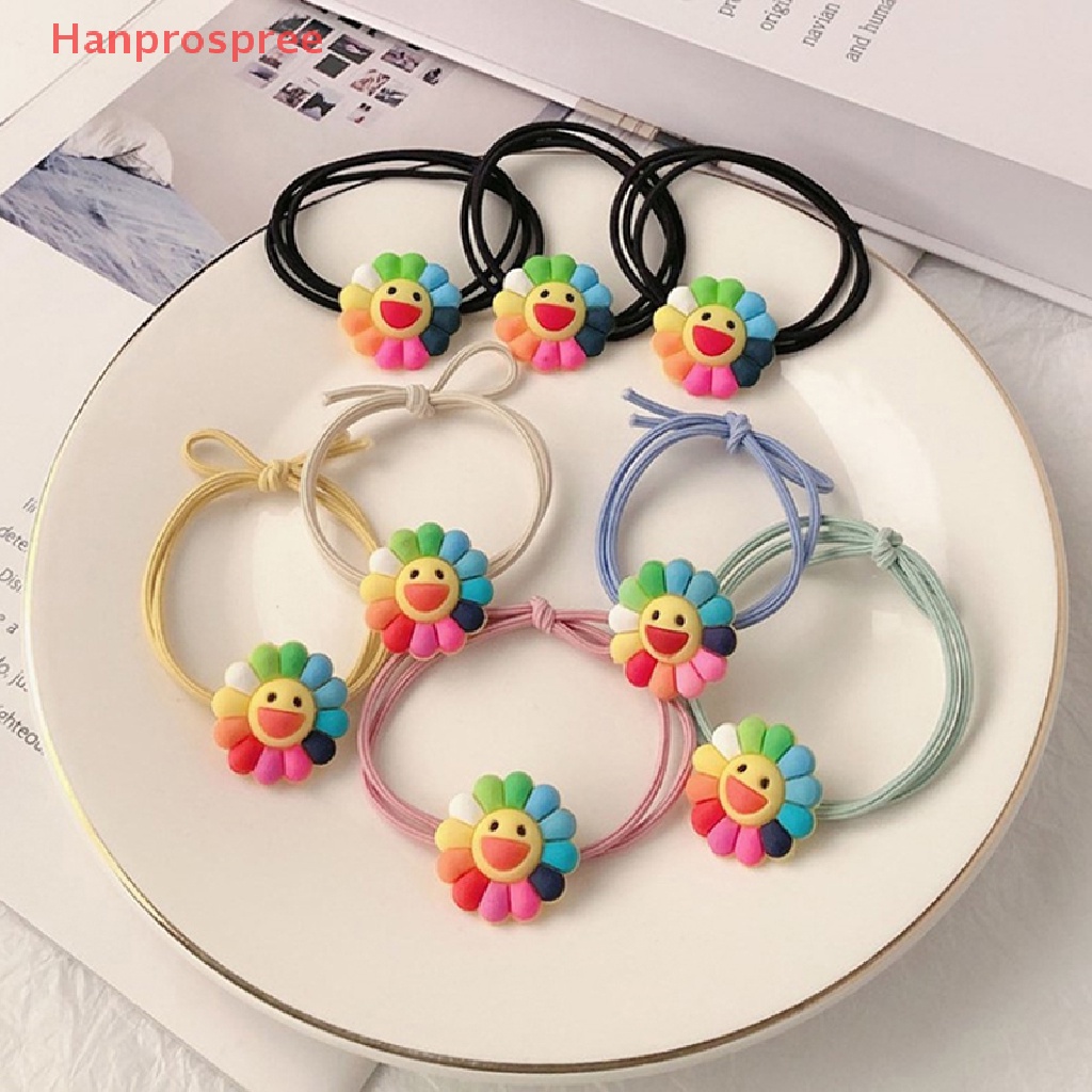 Bộ 5 Dây Buộc Tóc Cao Su Co Giãn Đính Hoa Hướng Dương Mặt Cười Dễ Thương Cho Bé Gái