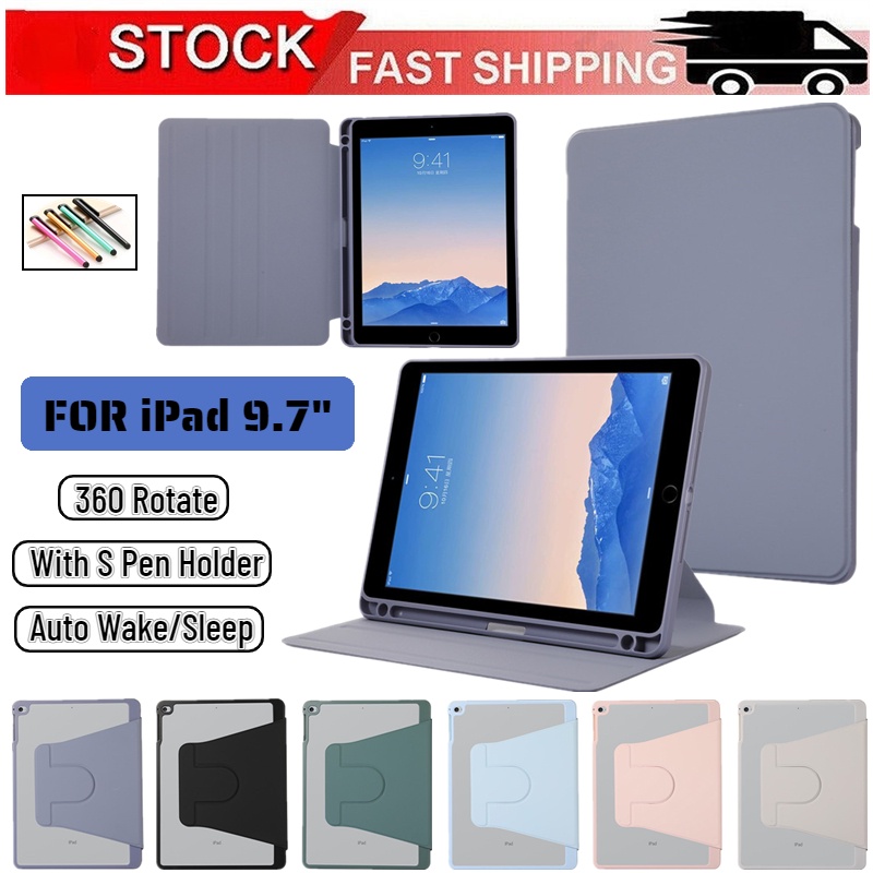 Bao Da Máy Tính Bảng Nắp Lật Chống Rơi 360 Độ Cho iPad Air 1 / Air 2 / iPad 9.7 "5th 6th Gen 2017 2018° Vỏ Bọc Bút Thông Minh Có Ngăn Đựng Bút Tiện Dụng