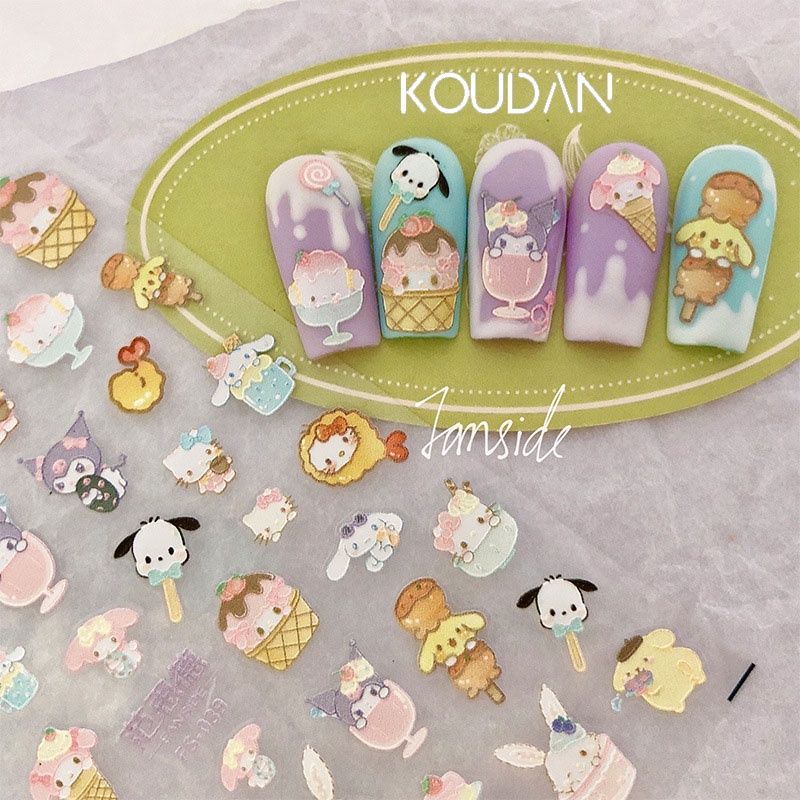 Miếng Dán Trang Trí Móng Tay Nghệ Thuật Dập Nổi Họa Tiết Chó Mèo Kuromi Melody Hoạt Hình 5D Dễ Thương