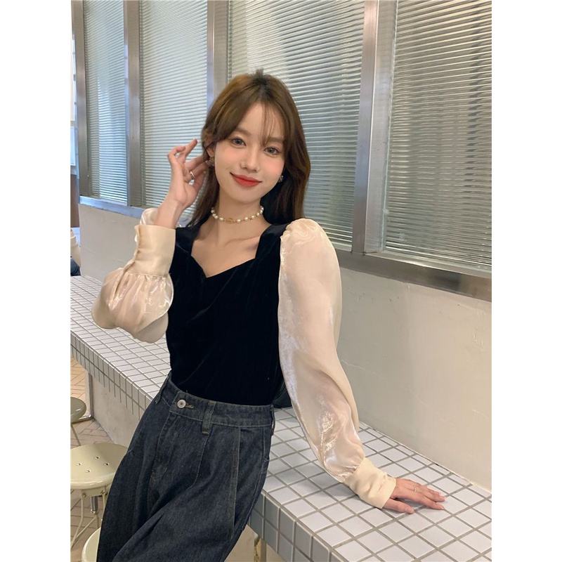 Áo Sơ Mi Nữ Tay Phồng Bằng Vải Nhung Phong Cách Cổ Điển Mùa Xuân Mới