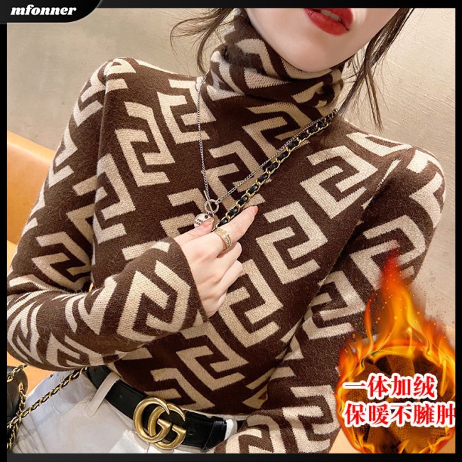 Áo Sweater Cổ Lọ Tay Dài Dáng Ôm Sọc Ca Rô Thời Trang Ấm Áp Xinh Xắn Cho Nữ