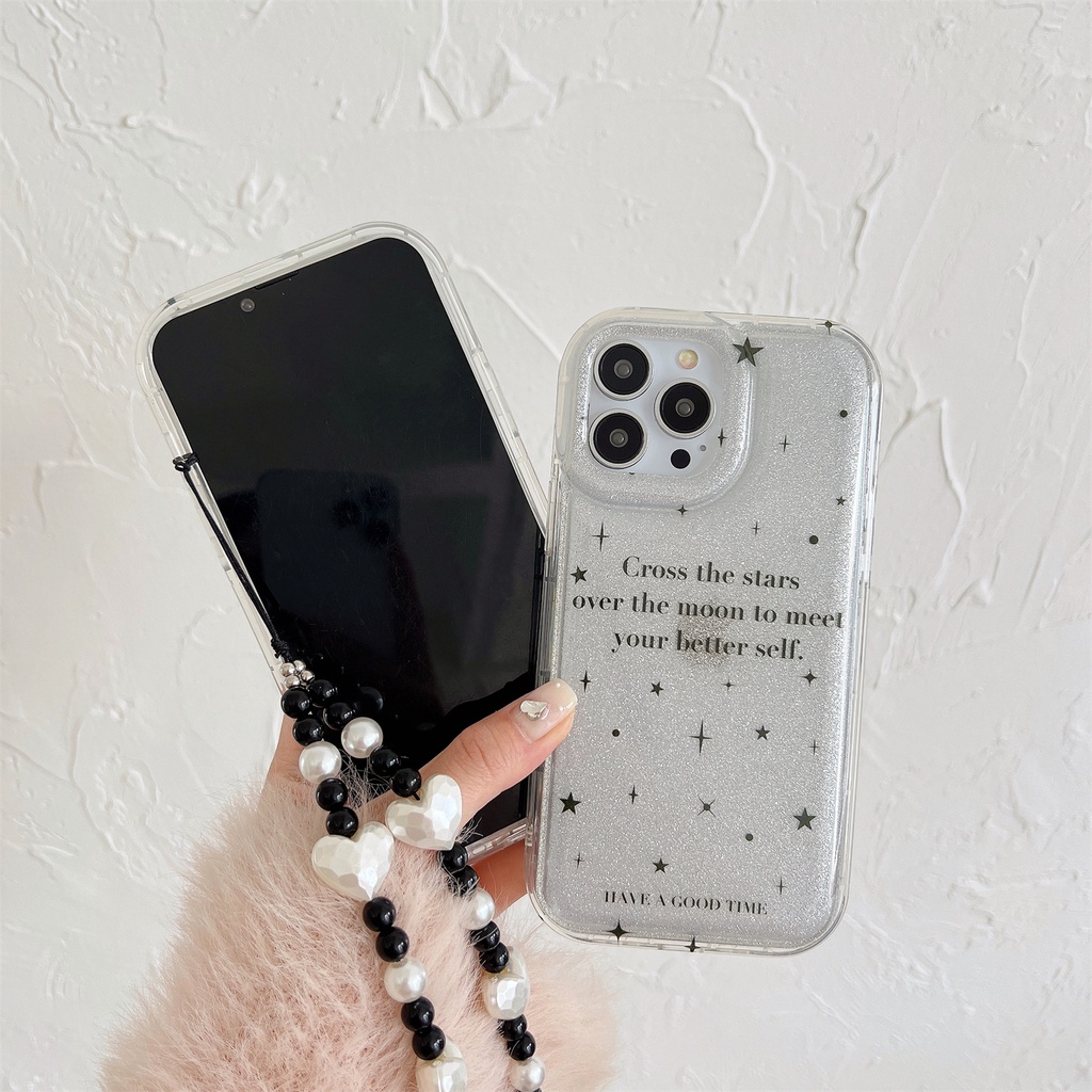 Ốp Điện Thoại Tpu Mềm Trong Suốt Hai Mặt Chống Sốc Phối Dây Xích Ngọc Trai Cho iphone 14Pro Max 13 12 11