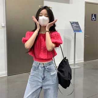 Sinransinya Ribbon Quần dệt kim ngắn tay Slim Fit Punching Top