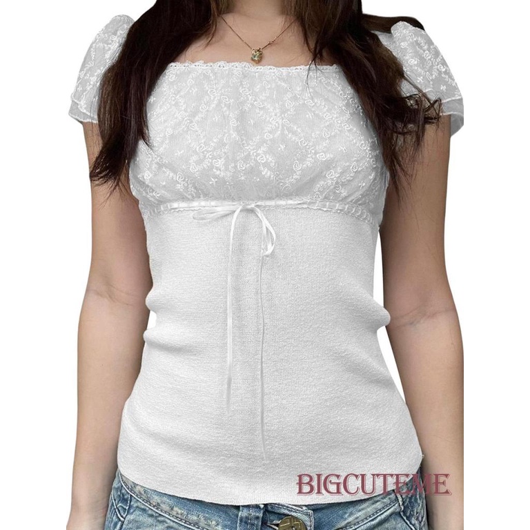 [] Áo Thun Ngắn Tay Ôm Dáng Buộc Dây Phía Trước Cổ Ren Chắp Vá Màu Trắng Dành Cho Nữ