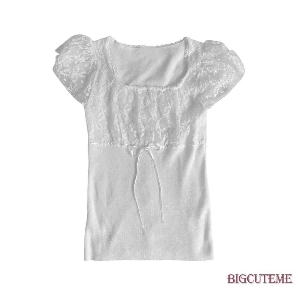 [] Áo Thun Ngắn Tay Ôm Dáng Buộc Dây Phía Trước Cổ Ren Chắp Vá Màu Trắng Dành Cho Nữ