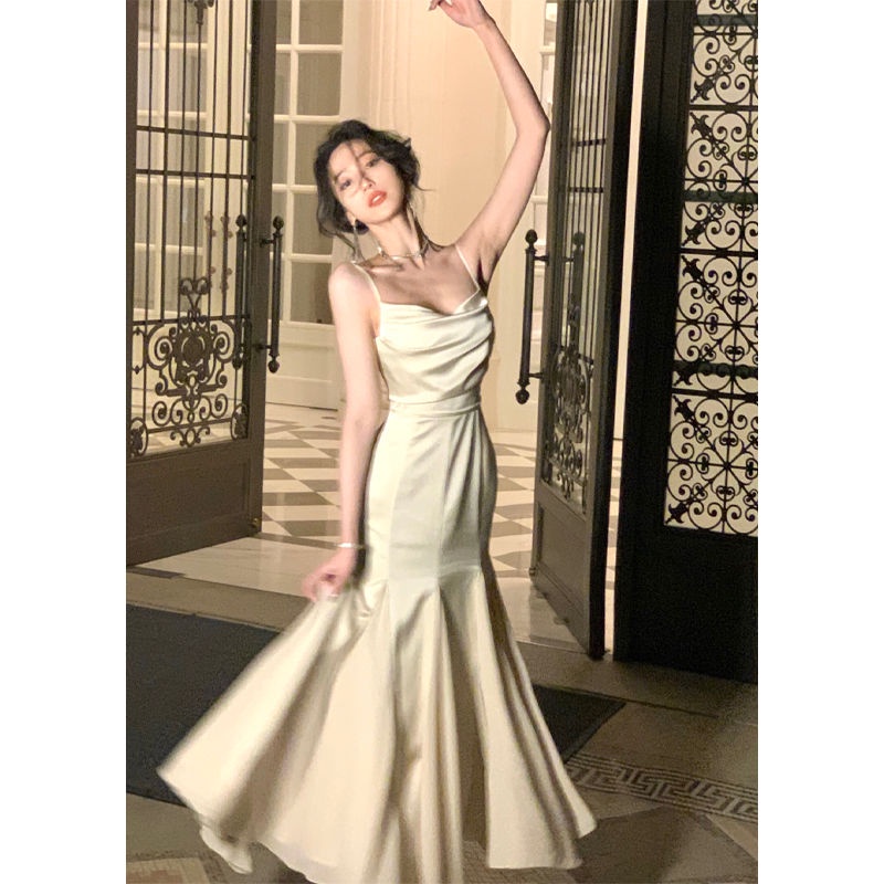 Đầm Đuôi Cá Hai Dây Bằng Vải Satin Nhún Bèo Phong Cách Pháp Thời Trang Mùa Hè