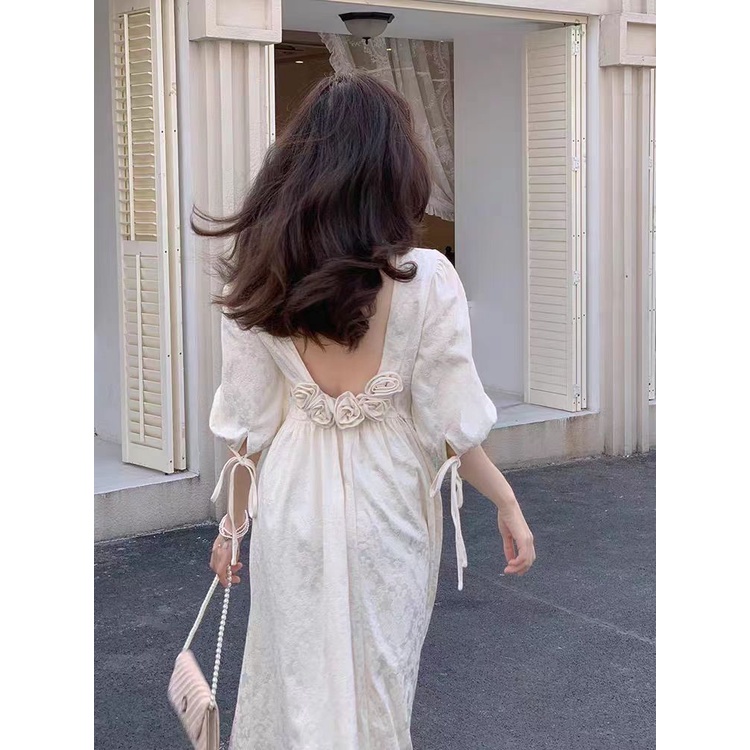 [F &amp; X] Đầm Hoa Dáng Dài Tay Phồng Thắt Dây Ruy Băng Phong Cách Công Nghiệp 2023 Sang Trọng Ngọt Ngào Cho Nữ