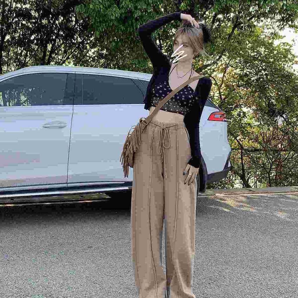 Quần Kaki Ống Rộng Lưng Cao Phối Dây Rút Phong Cách Retro Xuân Hè Mới Dành Cho Nữ