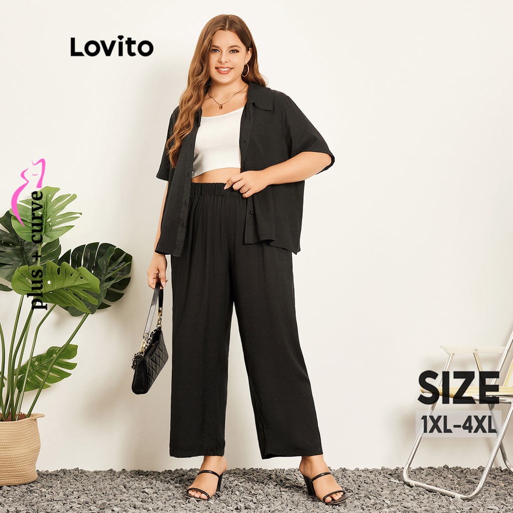 Set quần nữ Lovito hai mảnh eo co giãn cài nút phía trước màu trơn thường ngày tôn đường cong size lớn LPS07040 (Đen)