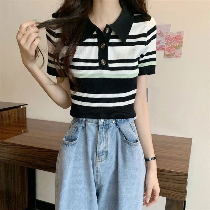 Áo polo Ngắn Tay Họa Tiết Sọc Ngang Thời Trang Dành Cho Nữ