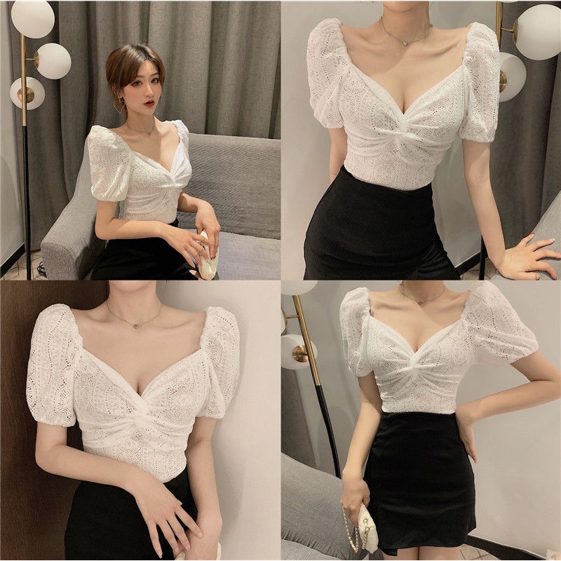 Áo Kiểu Tay Phồng Cổ Chữ V Phối Ren Thời Trang Hè Thanh Lịch Cho Nữ