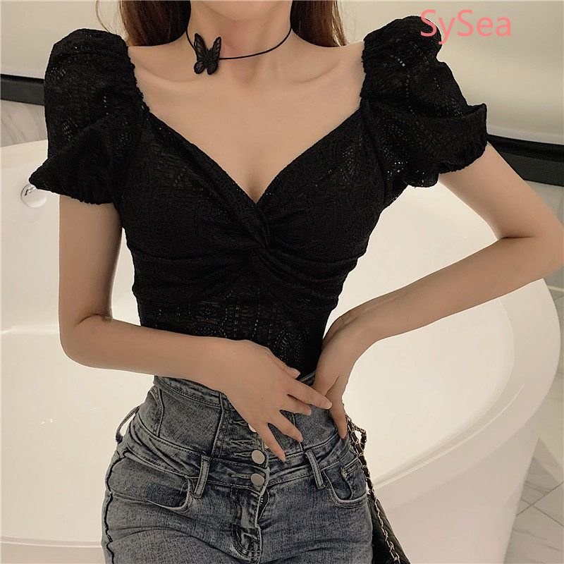 Áo Kiểu Tay Phồng Cổ Chữ V Phối Ren Thời Trang Hè Thanh Lịch Cho Nữ