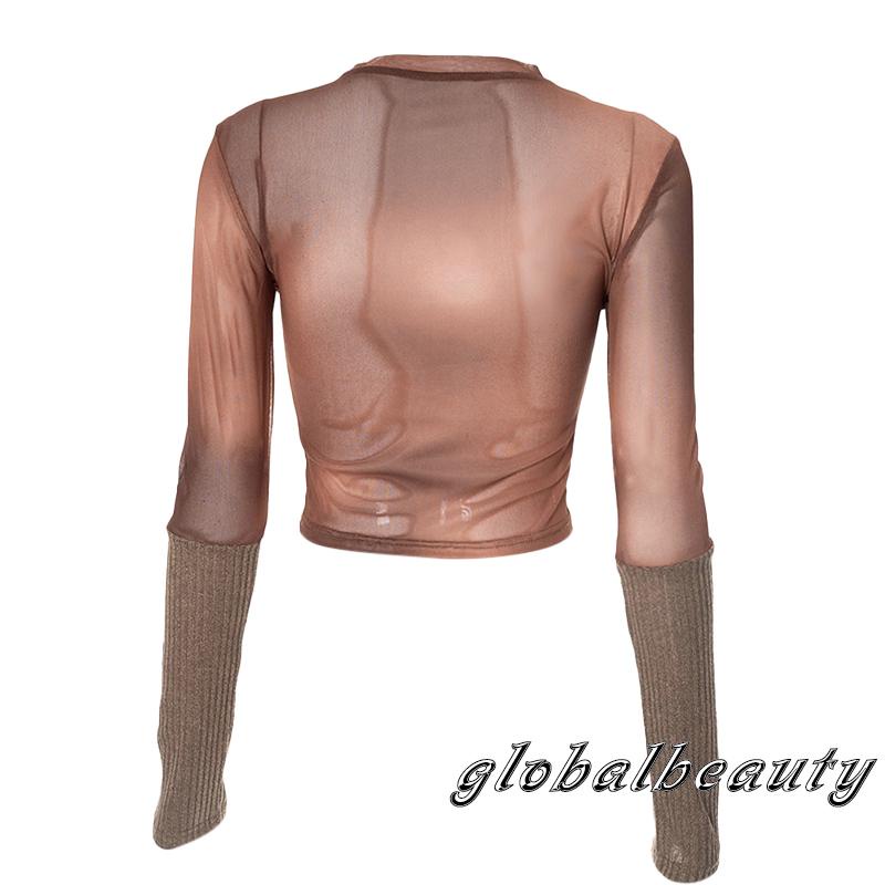 Áo Crop Top Tay Dài Cổ Tròn In Màu Nhuộm Phối Lưới Thời Trang Cho Bạn Gái