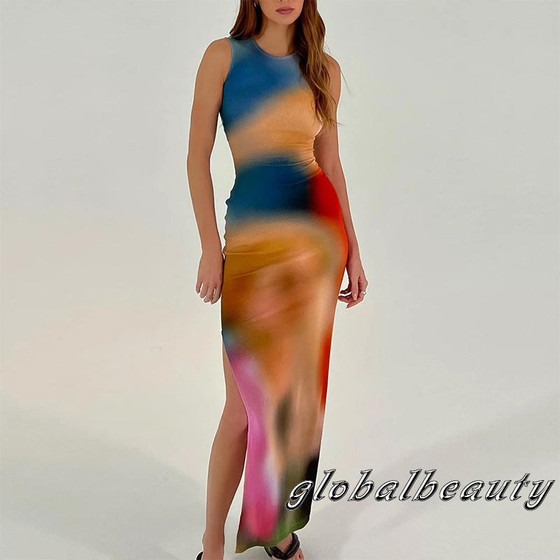 Đầm Dài Không Tay Cổ Tròn Họa Tiết Màu Nhuộm Phong Cách Mùa Hè Cho Nữ