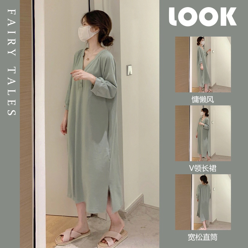 DIDIKA Đầm Ngủ Tay Dài Dáng Rộng Màu Sắc Đơn Giản Phong Cách Hàn Quốc Thời Trang Xuân Thu Xinh Xắn Cho Nữ