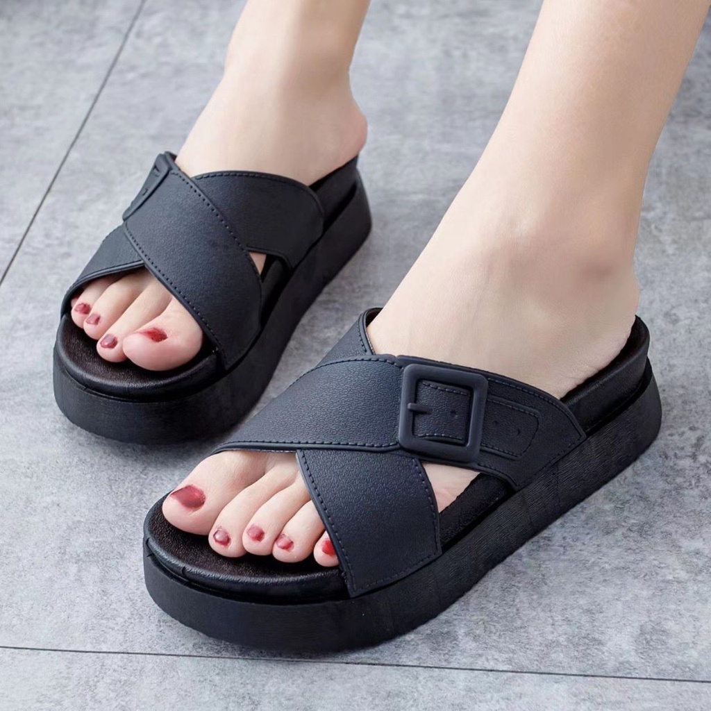 Dép Quai Ngang Đế Độn 5cm, Dép Lê Quai Chéo Da Pu Tăng Chiều Cao Mẫu Mới Hot Trend 2023 szie 35-39
