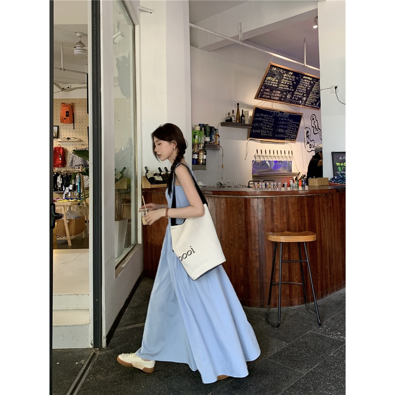 SUXI Đầm Hai Dây Dáng Dài Màu Sắc Trơn Thời Trang Mùa Hè Phong Cách Hàn Quốc Cho Nữ