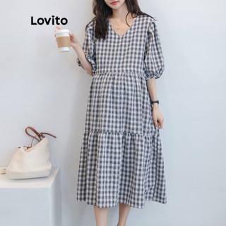 Đầm maxi Lovito tay lỡ dáng suông rộng phối bèo họa tiết caro đơn giản L14X007 (màu xanh navy)