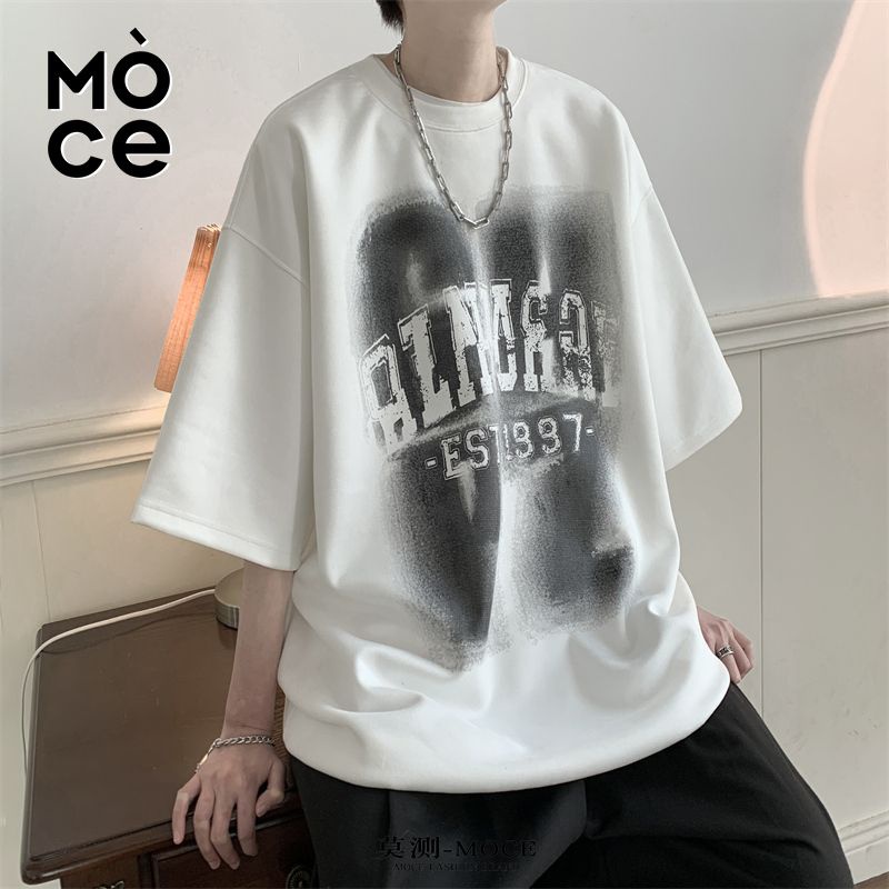 Áo Thun Da Lộn Tay Ngắn Dáng Rộng In Chữ Mo Measured Phong Cách Hip Hop Đường Phố Mỹ Thời Trang Mùa Hè Cho Nam