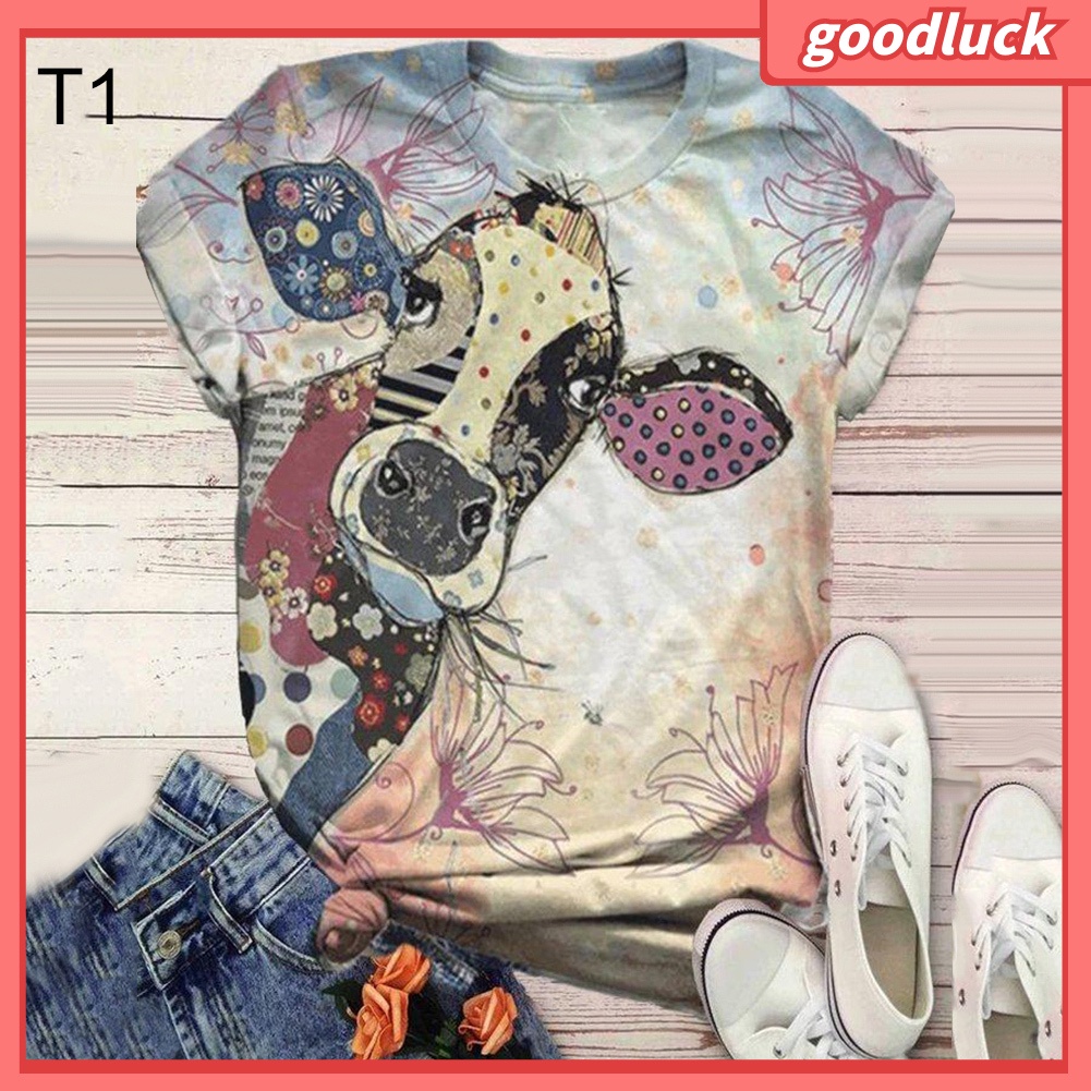 Áo Thun Tay Ngắn Cổ Tròn In Họa Tiết Bò Sữa / Đồng Hồ Hoa Thời Trang Mùa Hè Cho Nữ