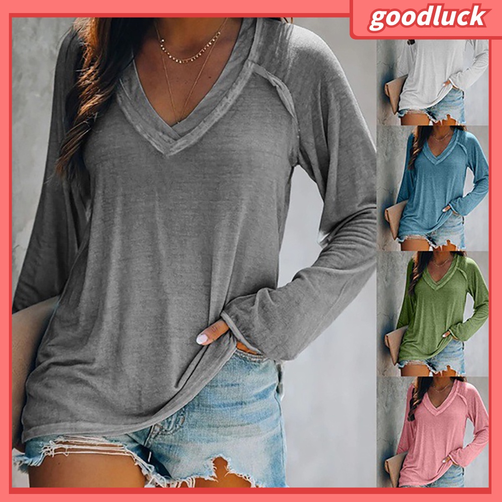 Áo Kiểu Chui Đầu Tay Dài Cổ Chữ V Màu Trơn Thời Trang Mùa Thu Cho Nữ