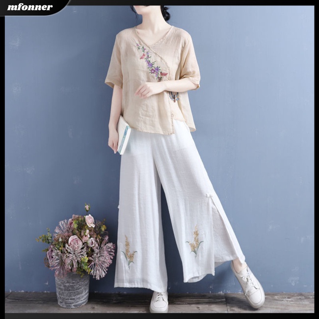 Áo Thun Cotton Lanh Tay Ngắn Dáng Rộng Thêu Hoa Kiểu Retro Thời Trang Mùa Hè Cho Bạn Gái