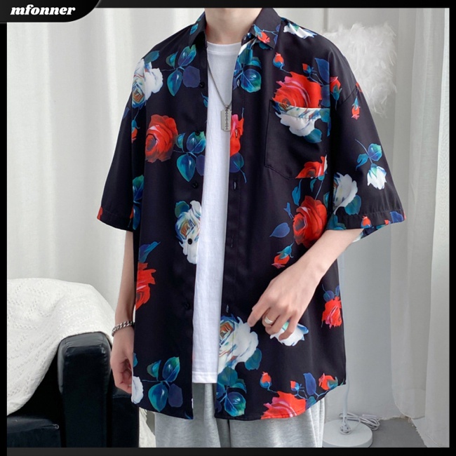 Áo Sơ Mi Cotton Ngắn Tay Dáng Rộng In Họa Tiết Retro Cá Tính Dành Cho Nam