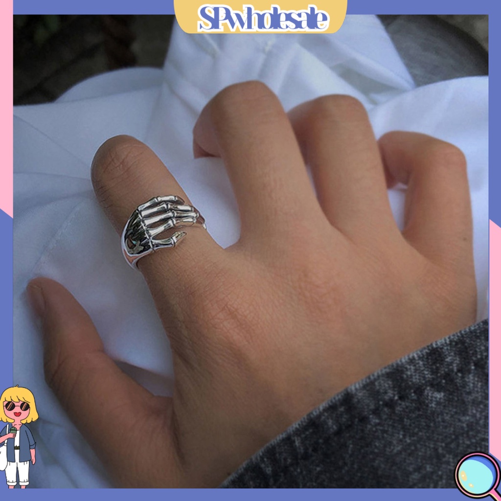 <SPwholesale> Nhẫn Hình Xương Bàn Tay Có Thể Điều Chỉnh Kích Cỡ Phong Cách Halloween Cho Nữ