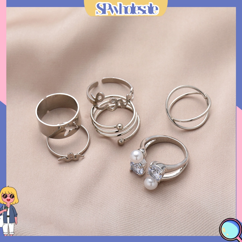 <SPwholesale> Bộ 6 Nhẫn Đeo Ngón Tay Hình Bướm / Ngọc Trai Giả Thời Trang Có Thể Điều Chỉnh Cho Nam Và Nữ