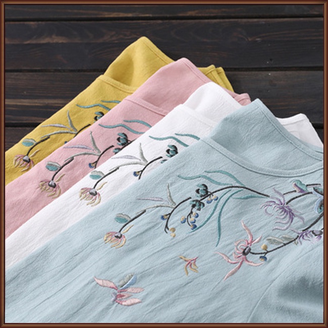 Áo Thun Tay Ngắn Cổ Tròn Thêu Họa Tiết Phong Cách Cổ Điển Thời Trang Cho Nữ