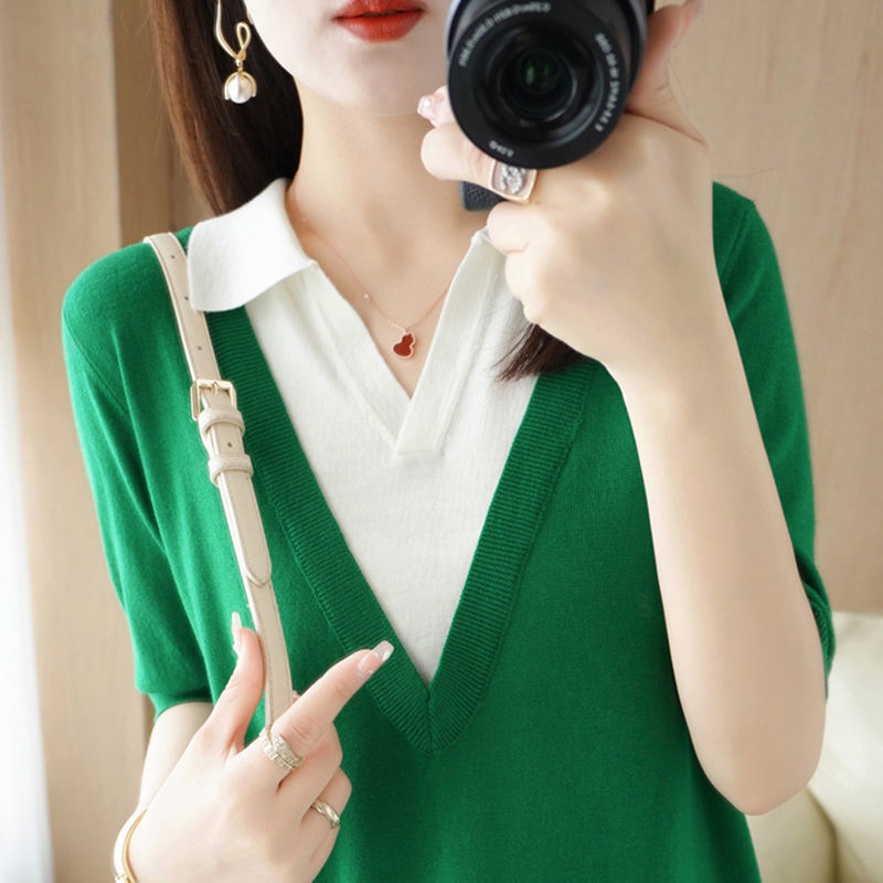 > Áo Thun Cotton Giả Hai Lớp Tay Ngắn Ghép Mảnh Mùa Hè Chất Lượng Cao